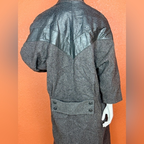 David Bengamin Vintage Wool Leather Black Long Trench Coat Shoulder Pads Size 7 - Picture 10 of 17